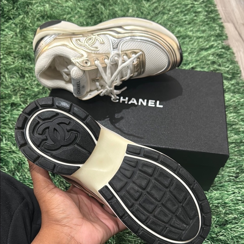 CHANEL Metallic Gold and White Sneakers - Picture 3 of 7